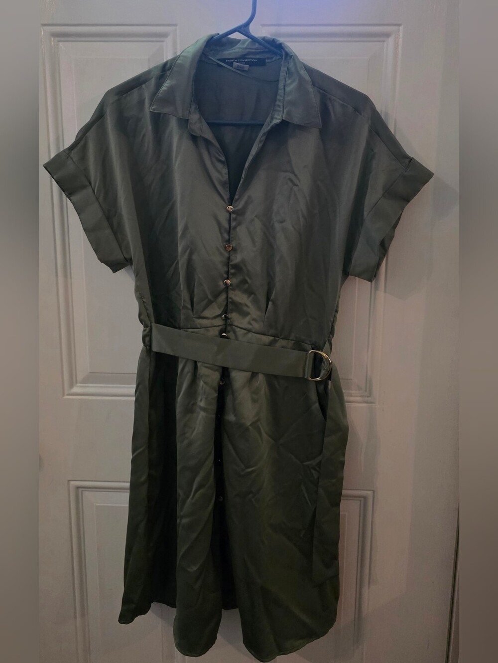 French Connection Olive Button-Front Shirt Dress with Belt - Picture 2 of 6